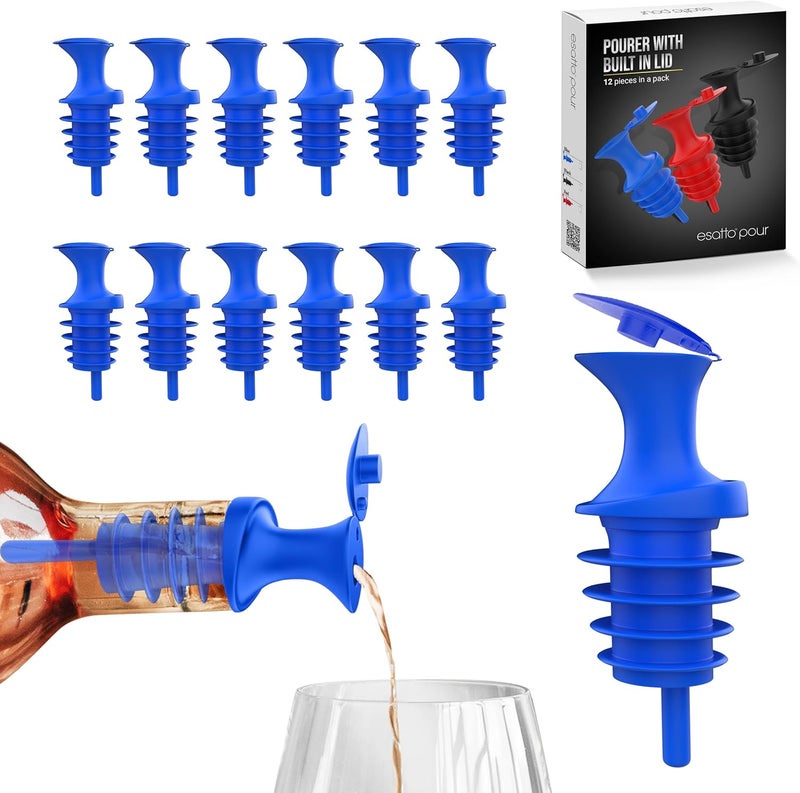Esatto Pour and Seal, Pourer with Lid – Easy Pouring for Drinks like Spirits and Liquors, Lid for Healthy Practices Keeping Debris and Fruit Flies Away, Professional Bar Tool, Pack of 12 Pieces (Blue) - Image 1